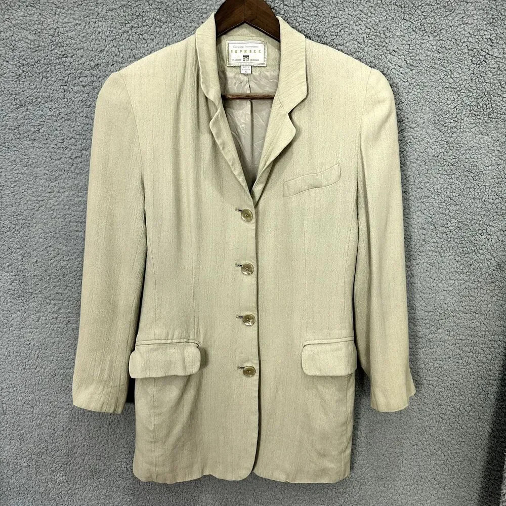 vtg 90s Express blazer women XS beige oversized long button y2k career boho chic